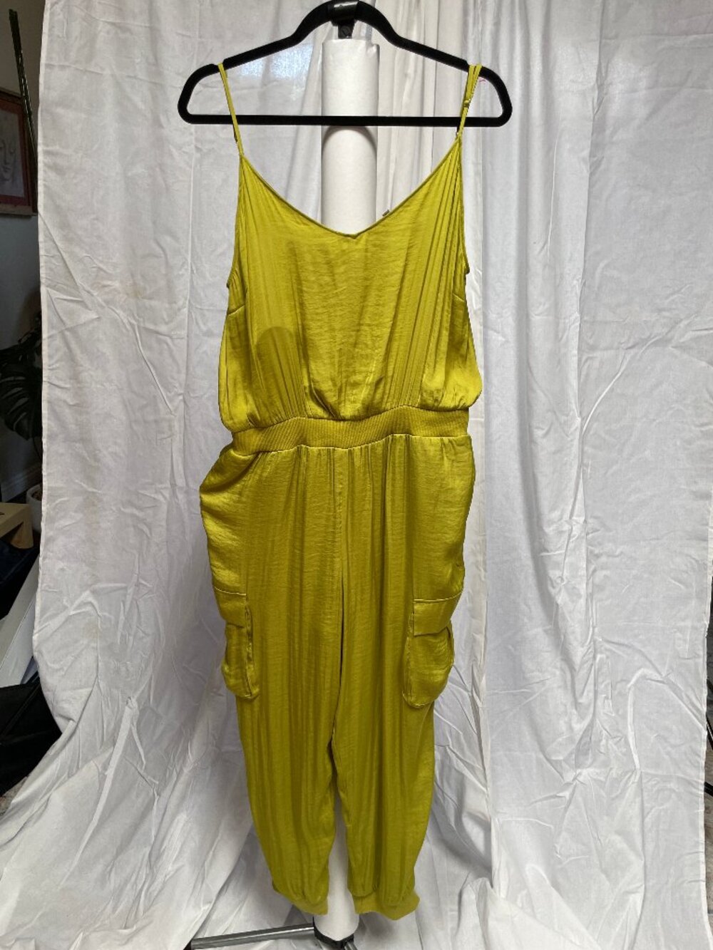 Naked Zebra Chartreuse Yellow Satin Cargo Jumpsuit Size L